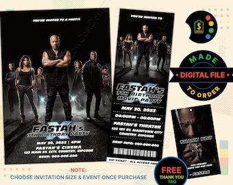 Könnte beinhalten: Eine druckbare Einladung zu einer Geburtstagsparty im Fast and Furious-Stil mit schwarzem Hintergrund und einem Foto von Vin Diesel. Die Einladung enthält den Text "Fastah's 7th Birthday Movie Party" und Details zur Party, einschließlich Datum, Uhrzeit und Ort. Die Einladung enthält auch ein VIP-Ticket mit dem Text "All Access Pass".