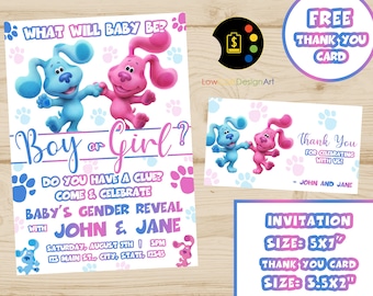 May include: Blue's Clues & You gender reveal party invitation with blue and pink paw prints. The invitation features the characters Blue and Magenta holding hands. The text reads "What will baby be? Boy or Girl? Do you have a clue? Come & Celebrate Baby's Gender Reveal with John & Jane Saturday, August 7th | 5PM 123 Main St., City, State, 12345". A free thank you card is also included. The thank you card features Blue and Magenta holding hands with the text "Thank You for celebrating with us! - John and Jane". The invitation is 5x7 inches and the thank you card is 3.5x2 inches.