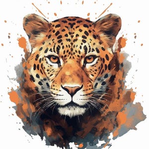 Könnte beinhalten: Eine Aquarellillustration eines Jaguar-Gesichts mit orangefarbenen und schwarzen Flecken auf beigem Hintergrund. Die Augen des Jaguars sind ein auffälliges Orange, und das Bild enthält orangefarbene Farbspritzer.