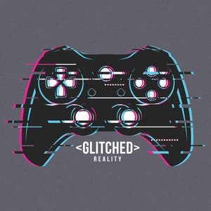 Könnte beinhalten: Eine schwarze Videospiel-Controller-Grafik mit digitalem Glitch-Effekt und Farbverschiebungen in Cyan und Magenta. Das Design enthält horizontale Linien und den weißen Text <GLITCHED> REALITY, der unter dem Controller auf grauem Grund steht.