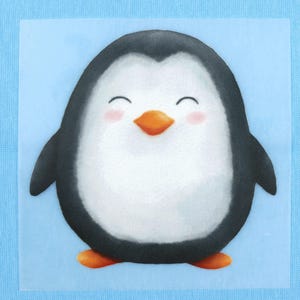 Könnte beinhalten: Illustration eines fröhlichen Cartoon-Pinguins. Der Pinguin hat einen weißen Bauch, einen schwarzen Körper und einen orangefarbenen Schnabel. Er hat rosige Wangen und lächelt. Der Hintergrund ist ein hellblaues Quadrat.