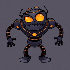Könnte beinhalten: Eine Cartoon-Roboter-Illustration mit einem dunkelvioletten Körper und leuchtend orangefarbenen Akzenten. Der Roboter hat einen runden Kopf, zwei große leuchtende orangefarbene Augen, einen genähten Mund und zwei dünne Antennen. Die Gliedmaßen sind gestreift.