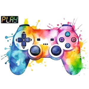 Könnte beinhalten: Videospiel-Controller im Aquarellstil in leuchtenden Regenbogenfarben. Der Controller verfügt über ein Steuerkreuz, Tasten und Analogsticks. Das Wort "PLAY" wird in einer Schriftart im Neonstil über dem Controller angezeigt.