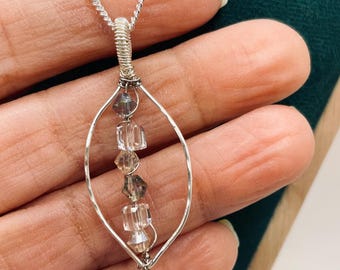 Crystal Beaded Pendant Necklace - Silver Wire Wrapped