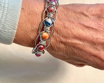 Wire Wrapped Multicolor Beaded Cuff Bracelet – Adjustable Aluminum Jewelry