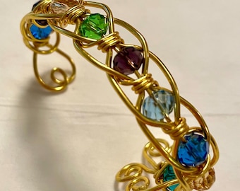 Gold Wire Cuff Bracelet – Multicolor Crystal Bead Statement Piece