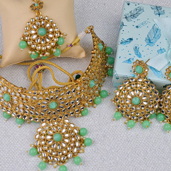 Indian Gold Plated Antique Kundan Choker, Unique Gift For Her, Bridal Wedding Jewelry Set