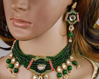 Gargantilla Kundan de perla de ónix verde, conjunto de joyas hecho a mano, conjunto de collar de boda antiguo indio