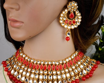 Indiase vergulde antieke rode Kundan choker, cadeau voor haar, bruidsmeisje sieraden set, parelkettingen