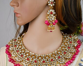 Antique Handmade Bridal Jewelry Set, Pink Golden Kundan Necklace Set, Unique Gift, Bridesmaid Jewelry Set