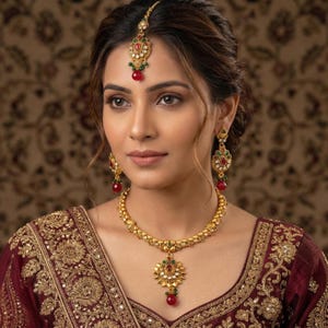 Guldfärgat rött grönt Kundan smyckeset, indiskt brudhalsband/örhängen med maang tikka
