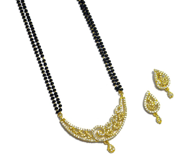 Indian American Diamond Mangalsutra Bridal Mangalsutra 24 Inches Double Black Beads Chain Mangalsutra Necklace Earrings Jewelry A32