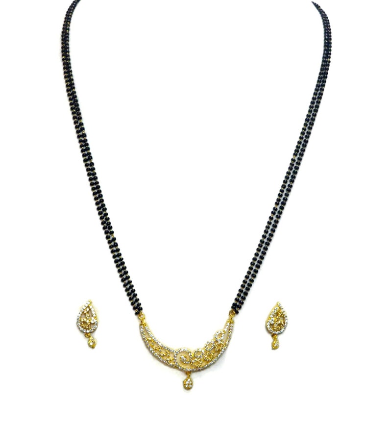 Indian American Diamond Mangalsutra Bridal Mangalsutra 24 Inches Double Black Beads Chain Mangalsutra Necklace Earrings Jewelry A32