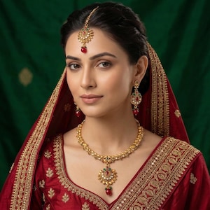 Gold Tone Red Green Kundan Necklace , Indian Bridal Jewelry Set , Dangler Earrings , maang tikka