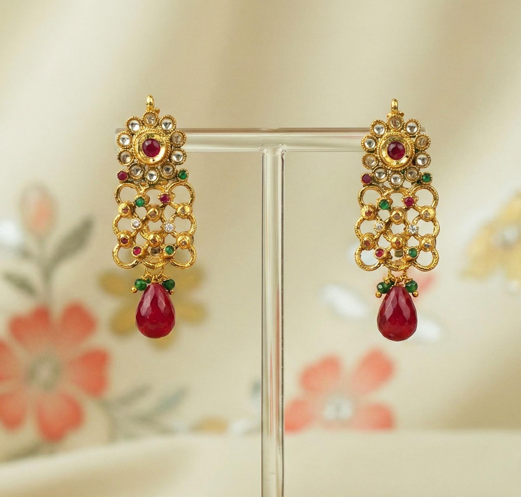 Royal Ruby Emerald Zircon Rani Haar Long Necklace Dangles Earrings ...