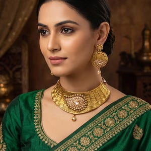 Antique Traditional Wedding Set, Indian Bridal Jewelry Set choker necklace with danglers, Forehead piece