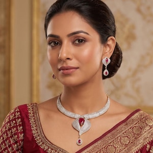 Goudkleurige robijnroze CZ Indiase sieradenset, blad marquise ketting oorbellen, bruidsbruiloft