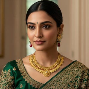 May include: A woman adorned with a gold necklace and earrings. The necklace has a central pendant and coin-shaped details. The earrings feature a floral pattern with red and black elements. She is wearing a green top with gold embroidery.