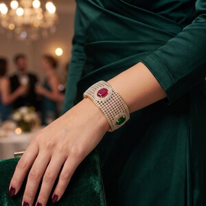 Puede incluir: Un brazalete ancho de oro con un patrón de rejilla de pequeñas piedras claras, centrado con una gran piedra preciosa roja ovalada y una piedra verde rectangular, usado en la muñeca sobre tela de satén verde oscuro y un bolso de terciopelo.