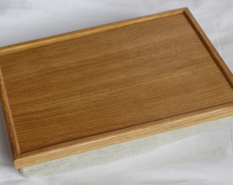 Lap tray oak, linen from Lithuania with organic spelled husk, tray can be separated from the cushion