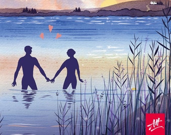 Wild swimming art print. Love for the Water. Romantic gift.