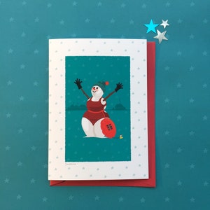 Zwemmende sneeuwpop. Kerstkaart voor wilde zwemmers