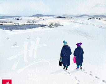 Wild swimming art print. Snowy Tarn. Thoughtful gift.