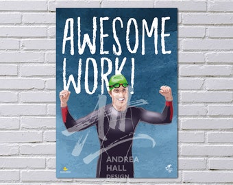 Open Water Swimming POSTER 'Awesome Work!' with male swimmer in wetsuit