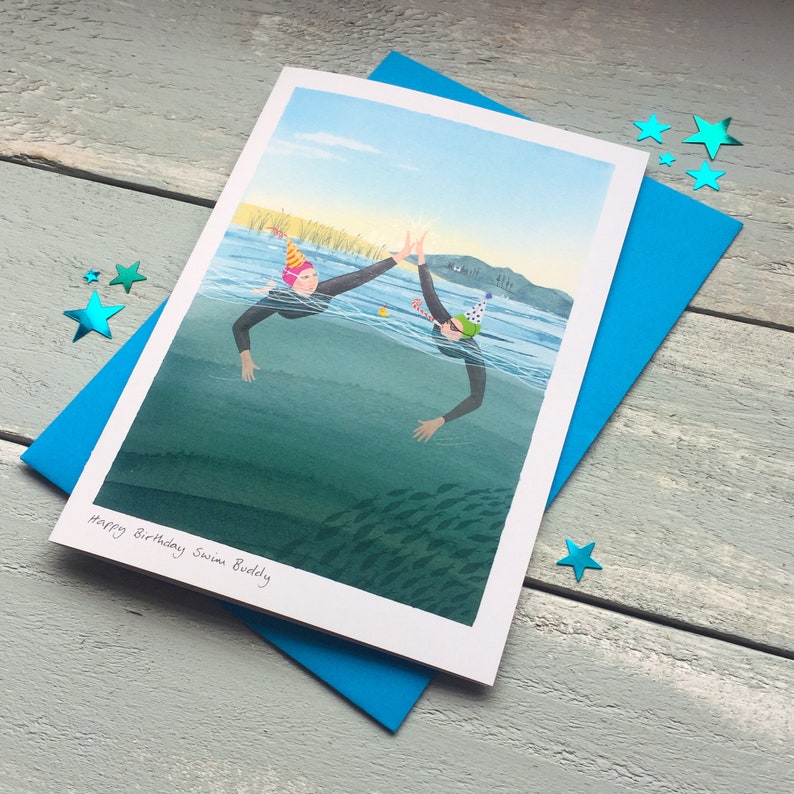 Happy Birthday Swim Buddy. Card for open water swimmers image 1