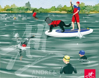 Fun open water swimming art print. Doggy Paddle