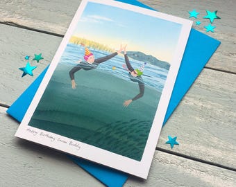 Open water swimming birthday card – Happy Birthday Swim Buddy – For wetsuit-wearing swimmers