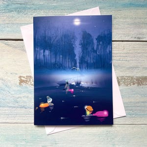 Wild Zwemmen-wenskaart. Dip bij volle maan