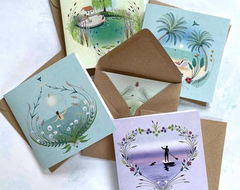 Wild Swimming Notecard Set: Floral Pastel Designs, Eco-Kraft Envelopes