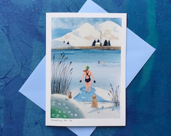 blank card featuring a wild swimmer with a colourful backdrop
