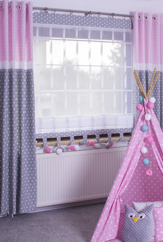 Kids Curtain Grey Roses Stars Any Dimension Etsy