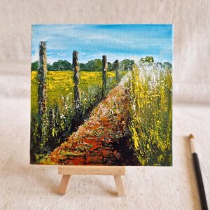 Yellow Meadow Landscape Painting 6x6 in, Small Original Acrylic Art, Country Path Canvas Board, Rustic Wall Decor