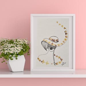 Impresión artística de retrato femenino con flores de hortensia. Dibujo de collage botánico. Ilustración inspirada en la naturaleza.