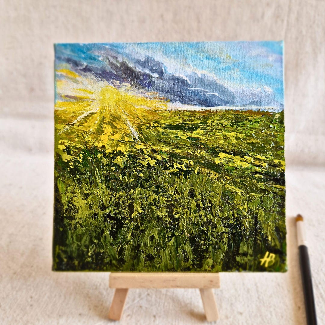 Small Original Landscape Painting 15x15 Cm Mini Canvas Art Sunrise ...