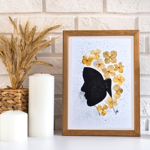 Grußkarte Kunstkarte ,,Frau black Hortensie,, Druck von Originalbild mit getrocknete Blumen