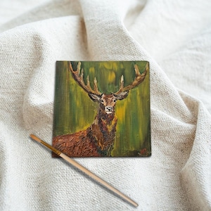 Peinture à l'huile de cerf. Œuvre originale sur toile. Art animalier. Décoration murale nature et animaux.