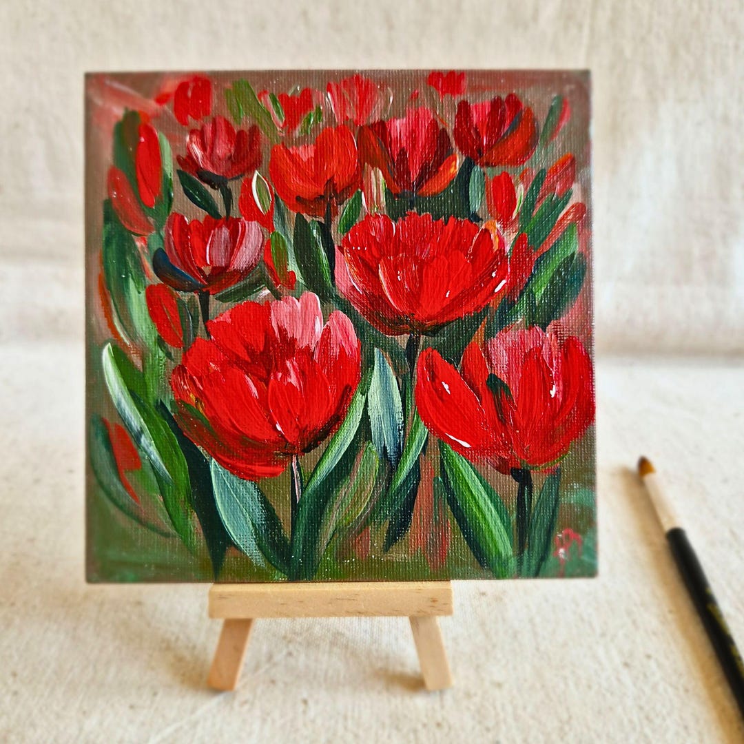 Original Tulip Painting 15 X 15 Cm Small Acrylic Flower Art on Canvas ...