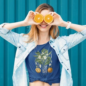 Vintage oranje T-shirt met botanische illustratie: cadeau citrusliefhebber