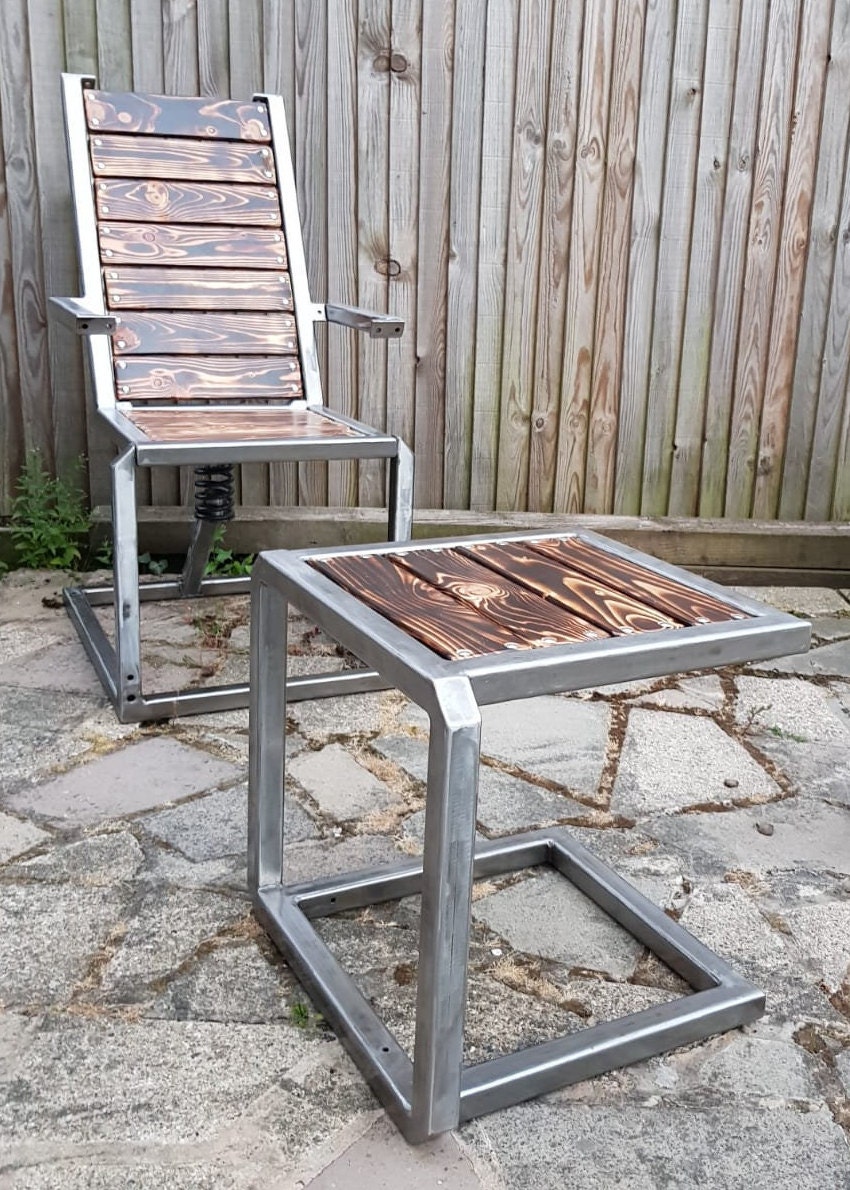 Unique wood and steel garden chairs and side table | Etsy