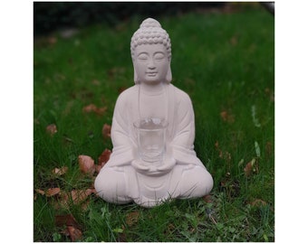 XL Buddha Keramik weiß beige Garten Wohndeko Teelichtglas