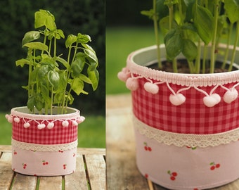 handmade flower pot cherries pink red cottage planter checkered plant pot flower pots planters children's room