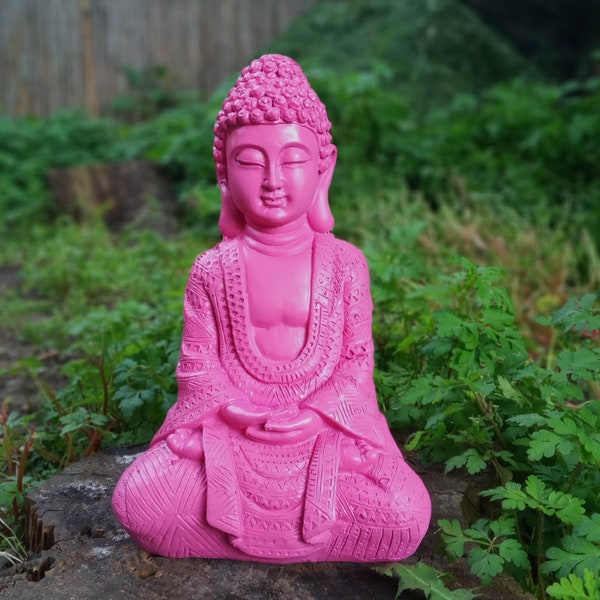 bunter Kunststein Buddha Figur popart 23cm große Garten Beton Deko Zen Statue Buddhismus bunt pink