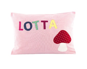 Birth pillow mushroom lucky mushroom checkered pink girl, name pillow, pillow birth, gift, pillow name name