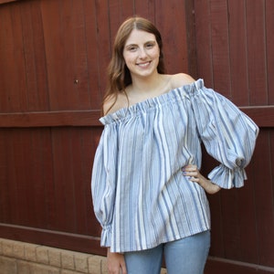 Blue and white striped cotton blouse - Off the shoulder long sleeve top - Casual chic summer fashions -  Handmade casual wear for her