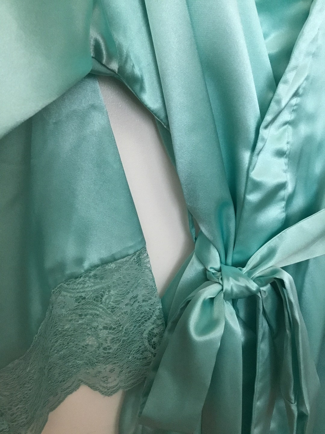 Aqua Satin Robe With Lace Trim - Knee Length Lounge Wear - Etsy