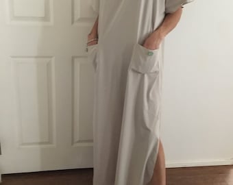Women's Long Kaftan Lounge Dress with Coconut Button Pockets